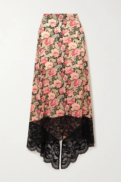 Shop Paco Rabanne Asymmetric Lace-trimmed Floral-print Stretch-jersey Skirt In Pink