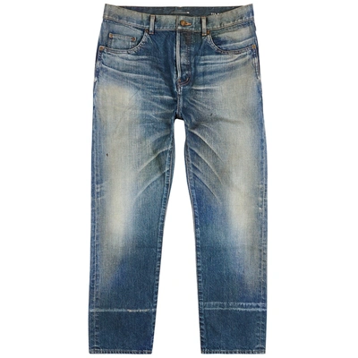 Shop Saint Laurent Blue Distressed Straight-leg Jeans In Denim