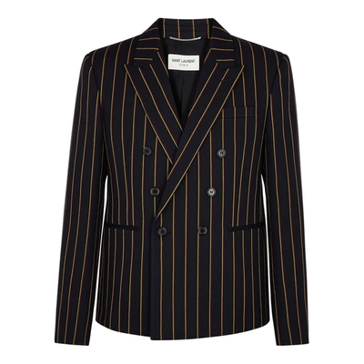 Shop Saint Laurent Navy Striped Double-breasted Wool Blazer