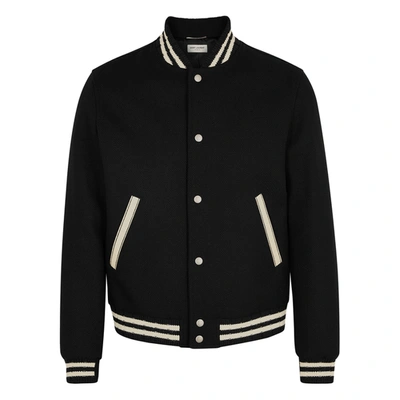 Shop Saint Laurent Black Logo-appliquéd Wool-blend Bomber Jacket