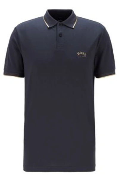 Shop Hugo Boss - Slim Fit Polo Shirt In Stretch Piqu With Curved Logo - Dark Blue