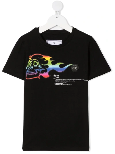 Shop Philipp Plein Junior Skull On Fire-print Cotton T-shirt In Black