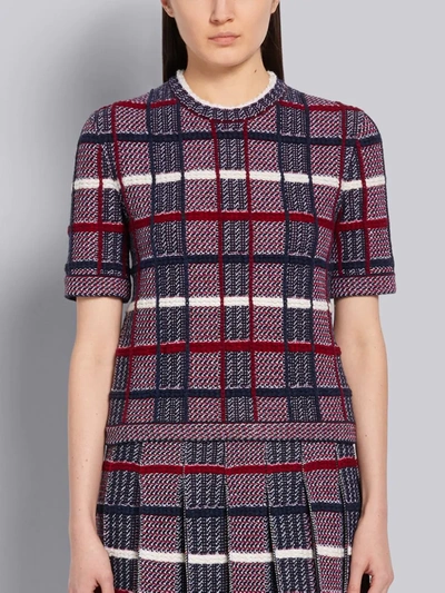 Shop Thom Browne Tricolor Shetland Merino Wool Check Jacquard Inlay Short Sleeve Tee In Red