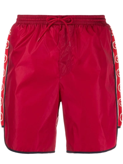 Shop Gucci Logo Stripe Swim Shorts In Red
