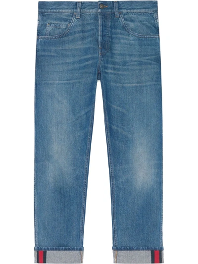 Shop Gucci Tapered Denim Pants With Web In Blue