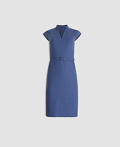 Shop Ann Taylor The Petite Belted Notched Collar Dress In Tropical Wool In Dusk Indigo