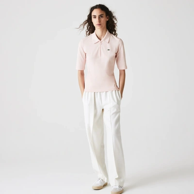 Shop Lacoste Women's  Zippered Slim Fit Cotton Piqué Polo Shirt In Light Pink,white