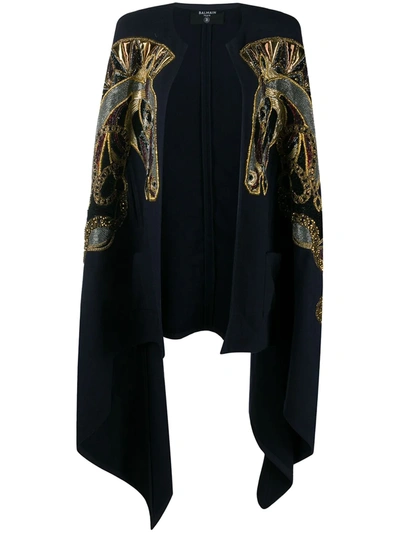 Shop Balmain Embroidered Wool Cape In Blue