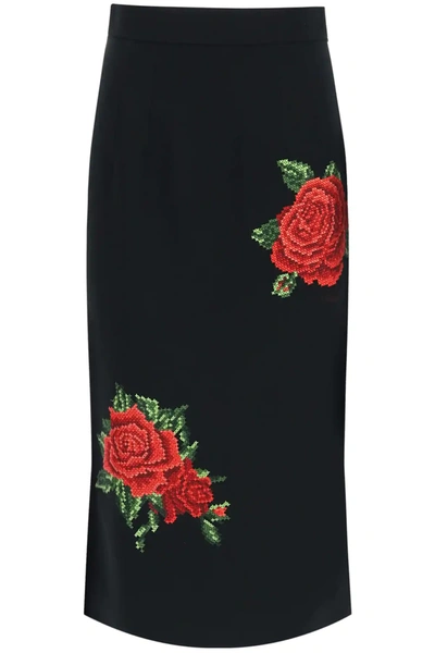 Shop Dolce & Gabbana Rose Embroidery Midi Skirt In Black,red,green