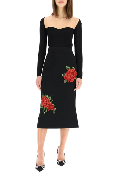 Shop Dolce & Gabbana Rose Embroidery Midi Skirt In Black,red,green