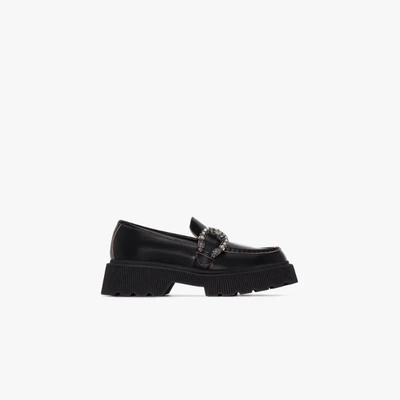 Shop Gucci Black Crystal Buckle Leather Loafers