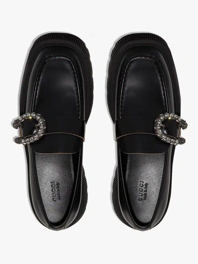 Shop Gucci Black Crystal Buckle Leather Loafers