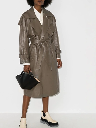Shop Low Classic Belted Faux Leather Trench Coat In Green