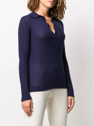 Shop Cashmere In Love Ribbed-knit Polo Jumper In Blue