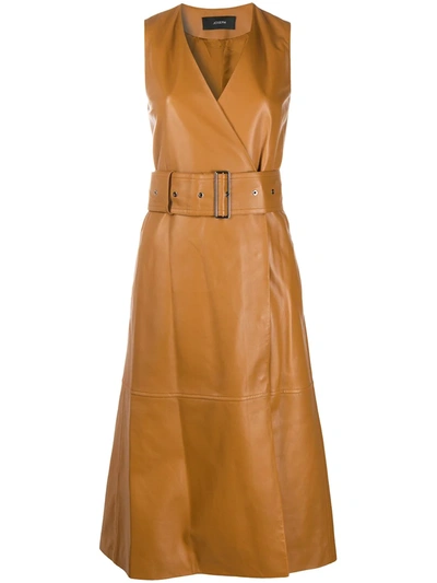 Shop Joseph Leather Belted Wrap Dress In Brown