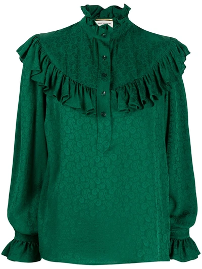 Shop Saint Laurent Paisley Print Frilled Blouse In Green