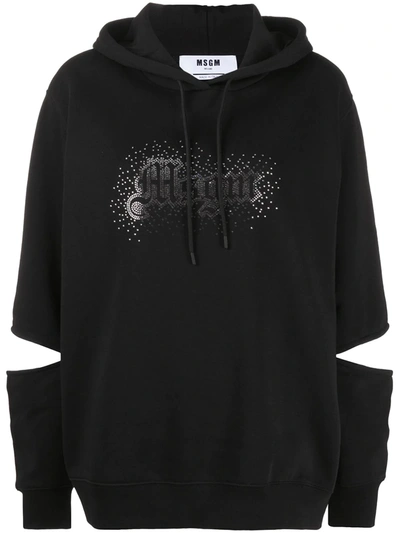 Shop Msgm Rhinestone-logo Slit Hoodie In Black