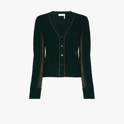 Shop Chloé Green Contrast Panel Embroidered Cardigan