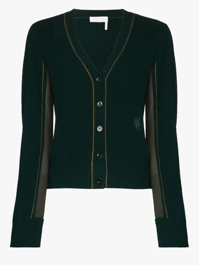 Shop Chloé Green Contrast Panel Embroidered Cardigan