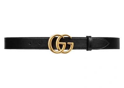 Pre-owned Gucci  Gg Marmont Leather Belt With Shiny Buckle 1 Width Black