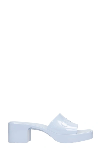 Shop Gucci Slider Logo Sandals In Cyan Rubber/plasic