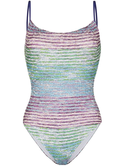 Shop Missoni Metallic Stripe Print Swimsuit In Purple