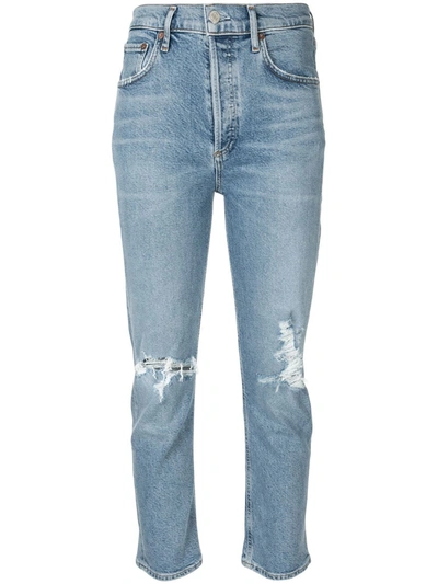 Shop Agolde Distressed Cropped Jeans In Blue