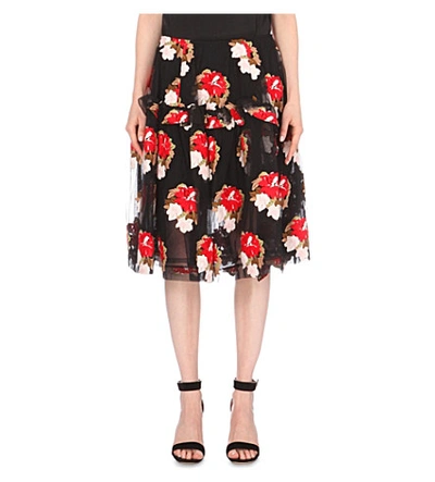 Shop Simone Rocha Floral-embroidered Tulle Skirt In Black
