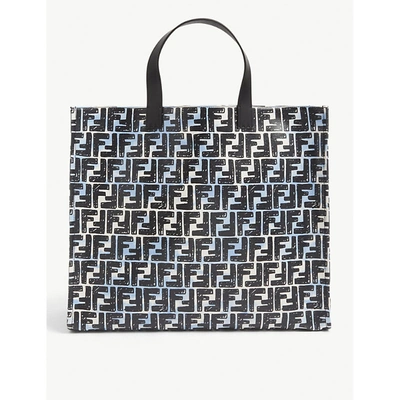 Shop Fendi Ff-print Coated Canvas Tote Bag In White/blue