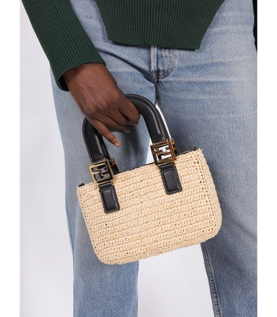 Shop Fendi Mini Raffia Tote Bag In Neutral