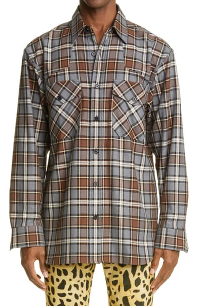 Shop Dries Van Noten Carwick Plaid Cotton Flannel Shirt In Grey