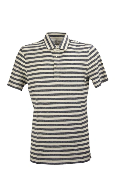 Shop Brunello Cucinelli Cotton And Linen Slim Fit Polo Shirt In Blue/white