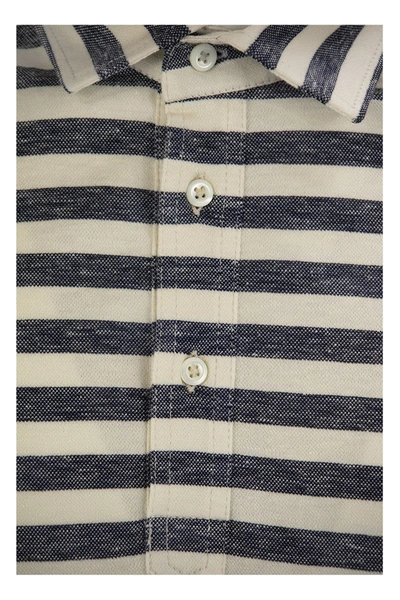 Shop Brunello Cucinelli Cotton And Linen Slim Fit Polo Shirt In Blue/white
