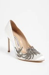Manolo Blahnik Swan Embellished Satin Pump, White In White