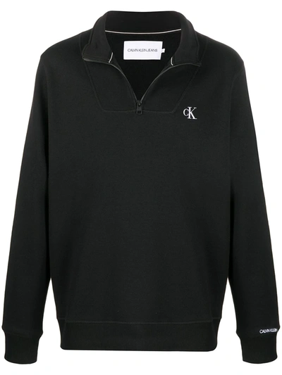 Shop Calvin Klein Jeans Est.1978 Zip-neck Logo Embroidered Sweatshirt In Black