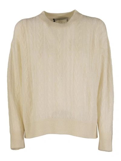 Shop Agnona Cable-knit Cashmere Blend Crewneck In Cream