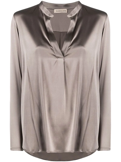 Shop Blanca Vita Brenda Split-neck Silk Blouse In Grey