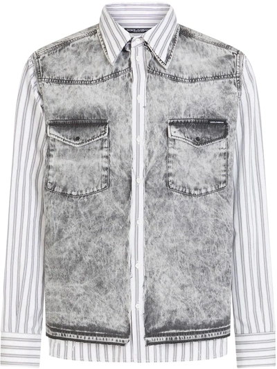 Shop Dolce & Gabbana Panelled Striped Denim Shirt In Grey