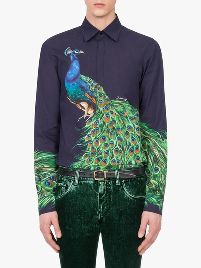Shop Dolce & Gabbana Peacock Print Buttoned Shirt In Blue