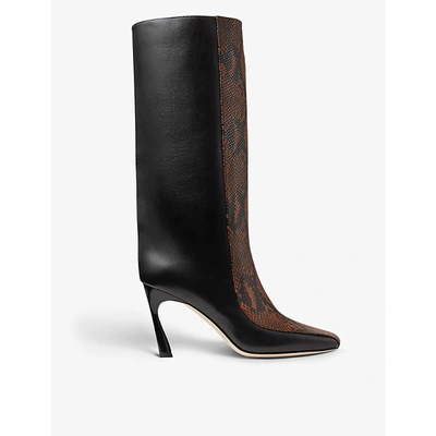 Shop Jimmy Choo Maybn Square-toe Snakeskin-print Leather Boots In Black/cuoio