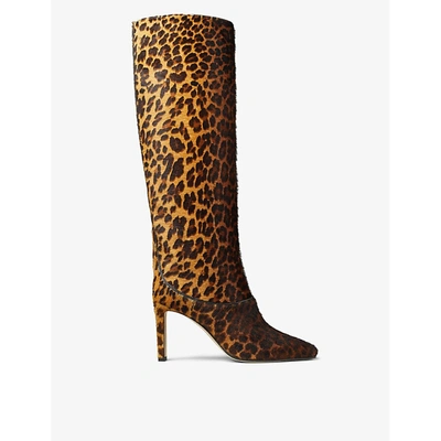 Shop Jimmy Choo Mahesa 85 Leopard-print Pony-hair Knee-high Boots In Natural+mix