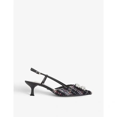 Shop Dune Daydream Brooch-embellished Tweed Slingback Courts In Navy-fabric