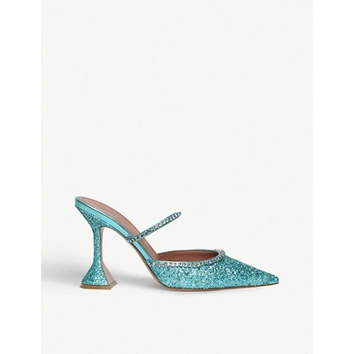 Shop Amina Muaddi Gilda Glitter-leather Heeled Mules In Teal