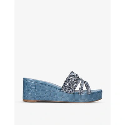 Shop Gina Corvus Crystal-embellished Patent Leather Heeled Slides In Denim