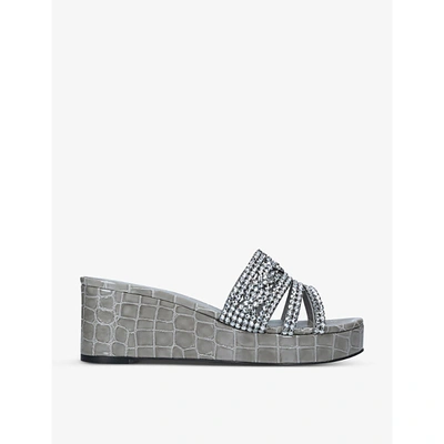 Shop Gina Corvus Crystal-embellished Patent Leather Heeled Slides In Grey
