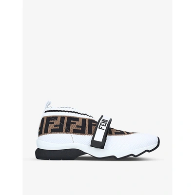 Shop Fendi Womens White/blk Rockoko Logo-print Knitted, Leather And Pvc Trainers 3