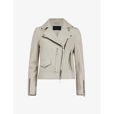 Shop Allsaints Kara Leather Cropped Biker Jacket In White