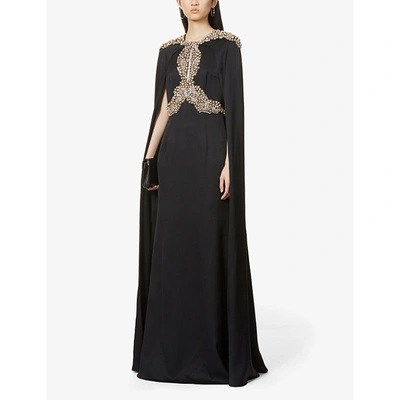 Shop Alexander Mcqueen Gemstone-embellished Cape-panel Silk-satin Gown In Black