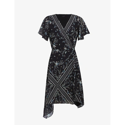 Shop Allsaints Kaiya Assam-print Crepe Wrap Dress In Black