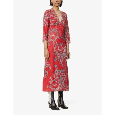 Shop Sandro Talina Silk-jacquard Patterned Midi Dress In Red